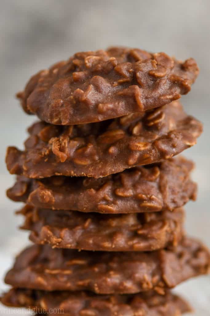 a stack of no bake chocolate peanut butter oatmeal cookies up close