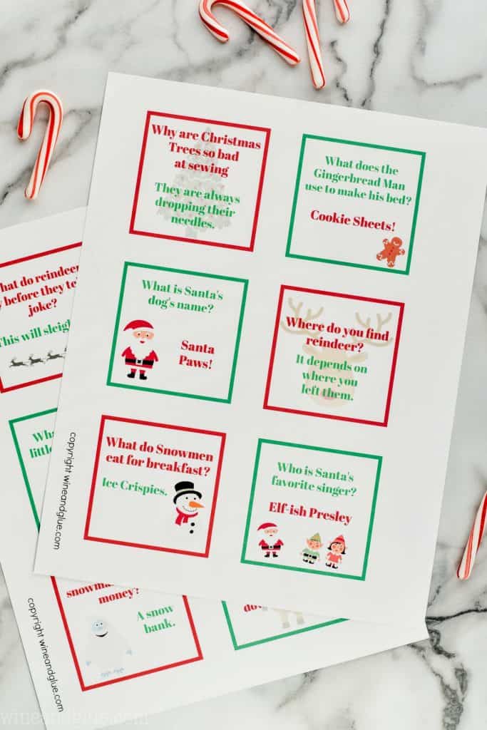 two sheets of kids lunch box jokes perfect for Christmas