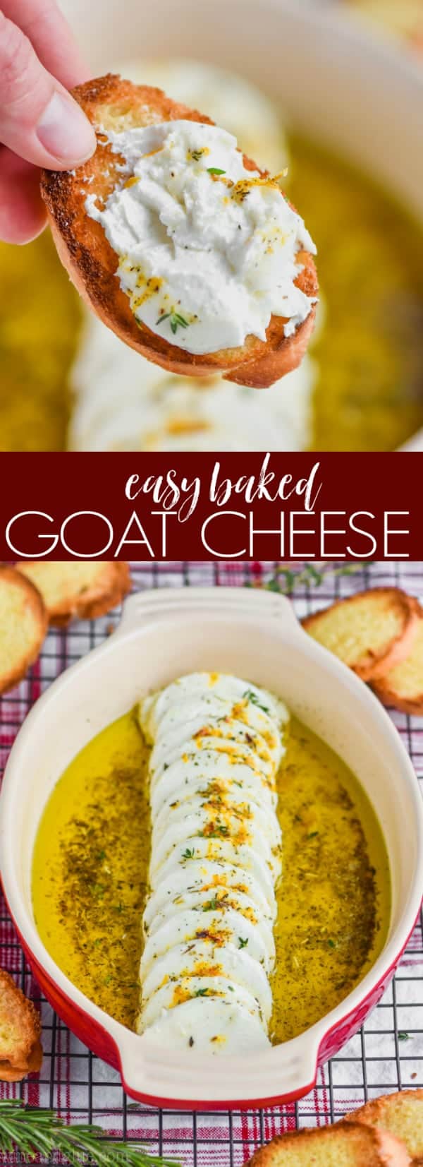 collage of photos of easy baked goat cheese