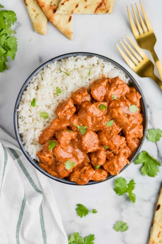 overhead view of a bowl of easy butter chicken with rice and cilantro