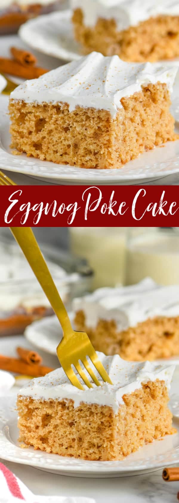 poke cake recipe with cool whip frosting on white plate