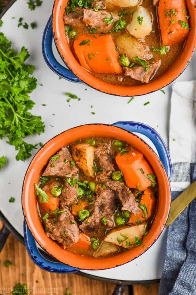 overhead view of instant pot beef stew recipe