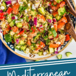 pinterest graphic of overhead view of Mediterranean quinoa in a wood bowl, says: "mediterranean quinoa salad simplejoy.com"