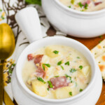 small white soup bowl full of new england clam chowder recipe and garnished with parsley