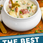 pinterest graphic of a white bowl of New England clam chowder with a gold spoon going in, says: "the best New England clam chowder simplejoy.com"