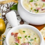 pinterest graphic of a white bowl full of New England clam chowder, says: "New England Clam Chowder simplejoy.com"