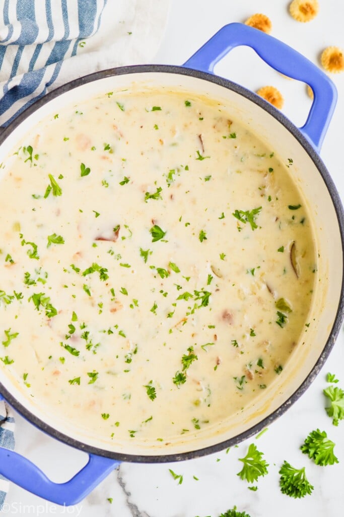 overhead view of pot of clam chowder recipe