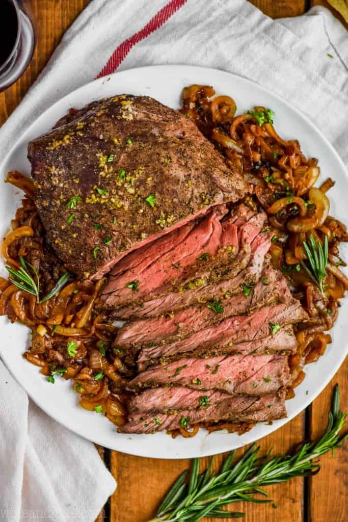 top round roast beef recipe on a white plate