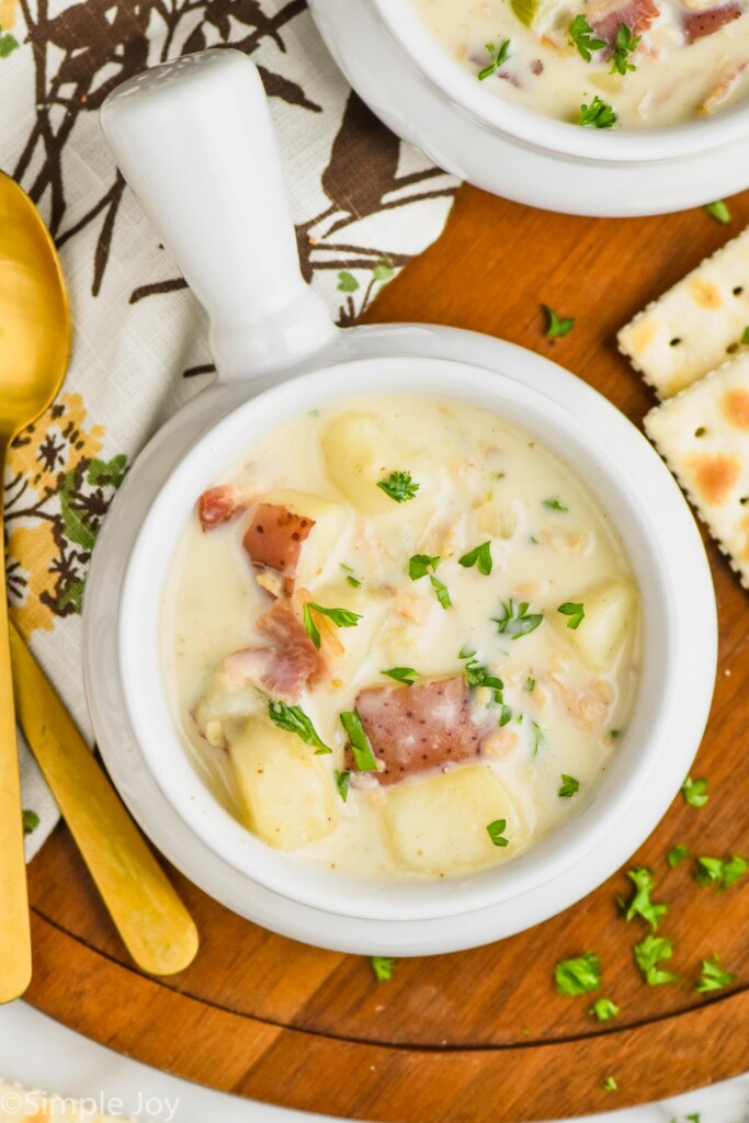 overhead view of clam chowder soup in a small soup bowl