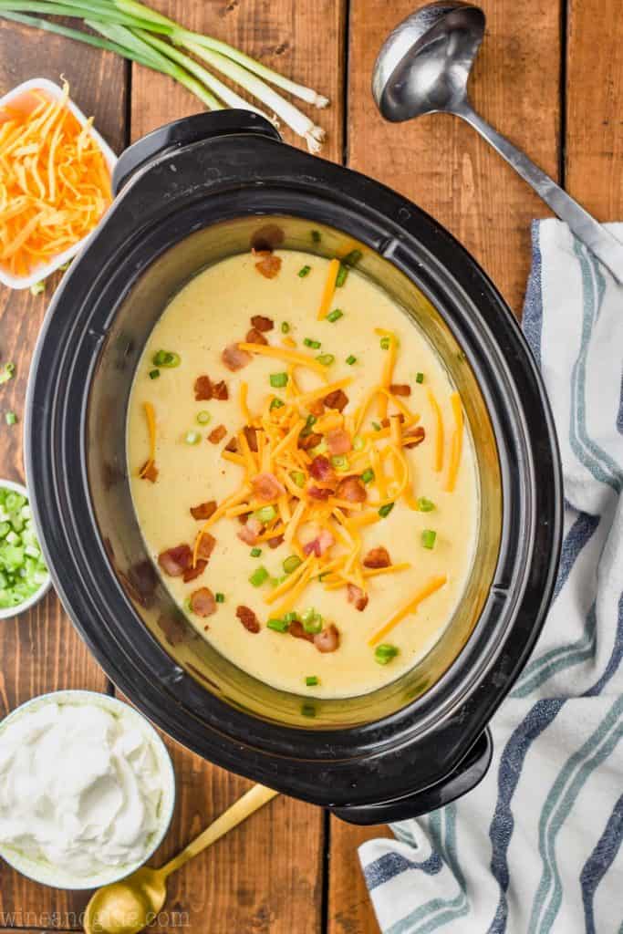 overhead view of a crockpot full of a potato soup recipe