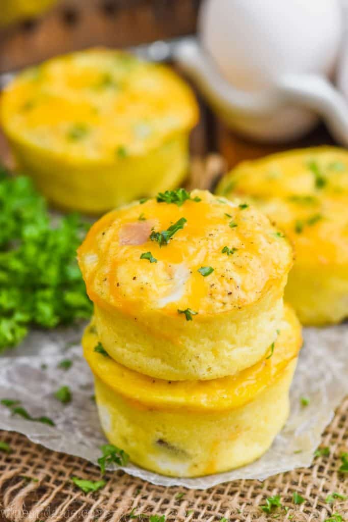 two ham and cheese egg muffin cups stacked