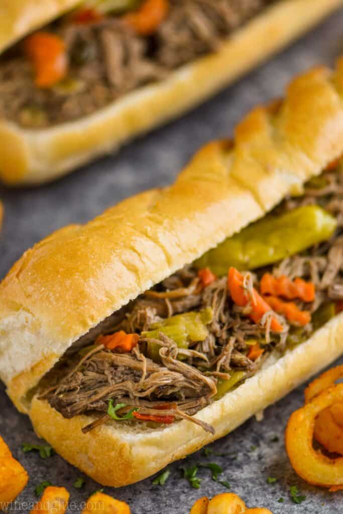 close up photo of Italian beef on a hoagie roll