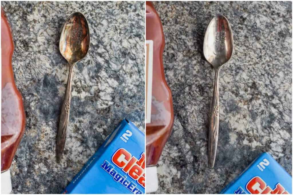 two side by side silver spoons that were cleaned with ketchup
