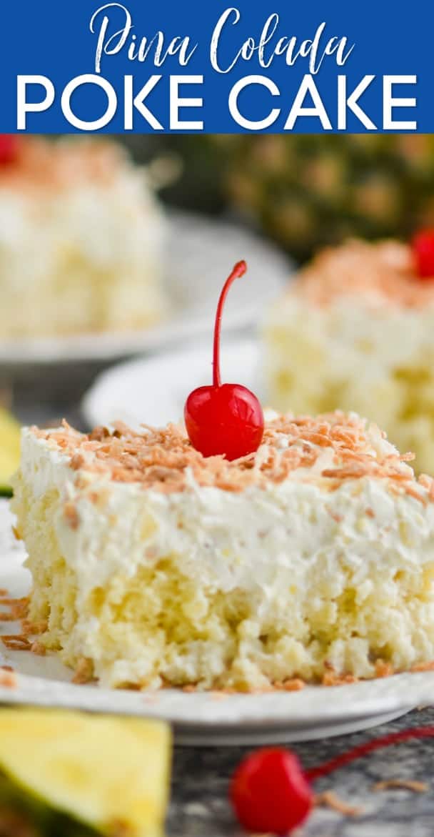 piece of pina colada poke cake topped with toasted coconut and cherry on a white plate
