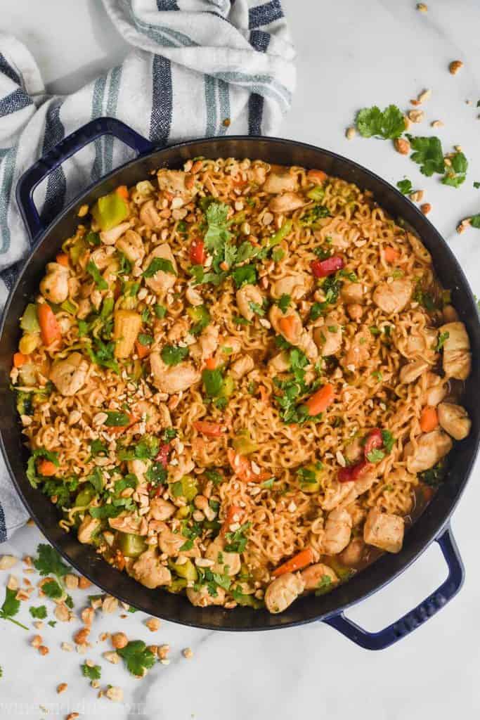 overhead view of peanut butter stir fry noodles in a large skillet, topped with fresh cilantro and chopped peanuts