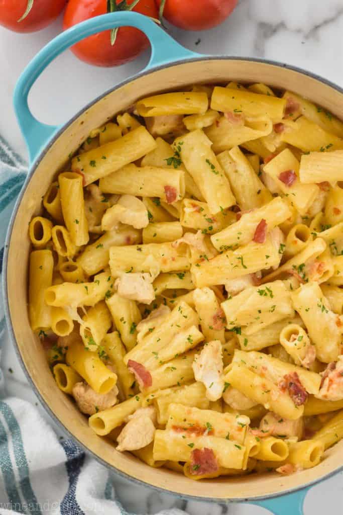 overhead of chicken ranch pasta in a dutch oven