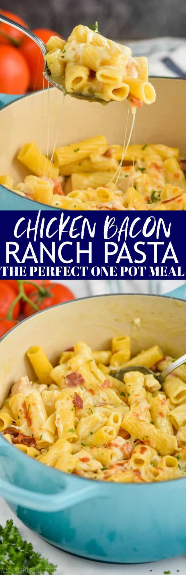collage of photos of chicken bacon ranch pasta
