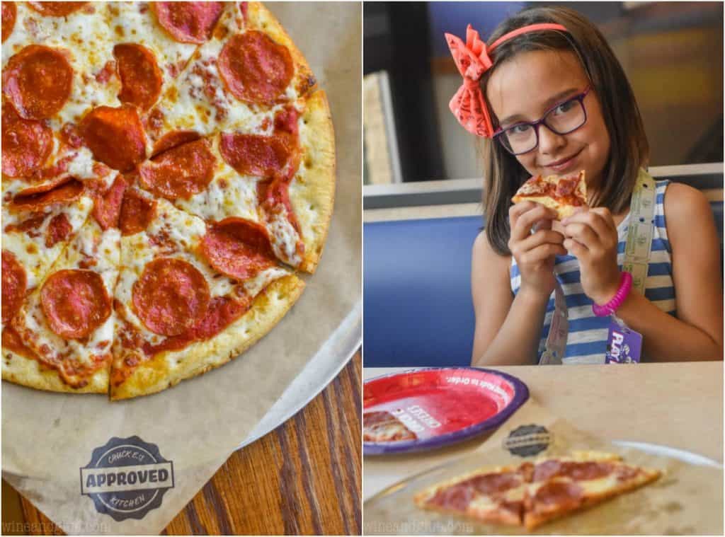 side by side photos of a cauliflower crusted pepperoni pizza and a little girl eating the pizza