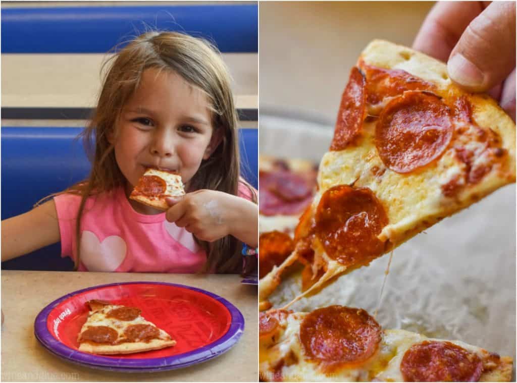 side by side photos of a little girl eating a slice of pizza on the left and a piece of pepperoni pizza being lifted up on the right