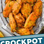 pinterest graphic of an overhead picture of chicken wings in a basket, says "crockpot chicken wings simplejoy.com"