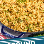 pinterest graphic of a large skillet full of ground beef stroganoff recipe garnished with minced parsley says, "ground beef stroganoff simplejoy.com"