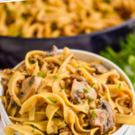 pinterest graphic of two stacked white bowls with the top one full of ground beef stroganoff recipe - egg noodles, mushrooms, parsley, and a skillet with the rest of the recipe in the background, says: "super easy ground beef stroganoff simplejoy.com"