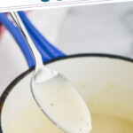 pinterest graphic of condensed chicken soup soup being poured off a spoon into a pot, says: homemade condensed chicken soup