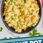 pinterest graphic of overhead photo of a black bowl full of instant pot chicken and rice, fresh parsley off to the side and a serving spoon, says: instant pot chicken & rice simplejoy.com