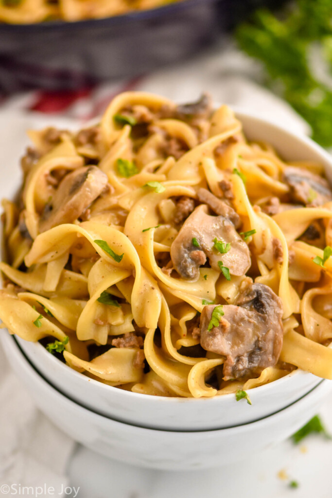 close up of a bowl of ground beef stroganoff recipe