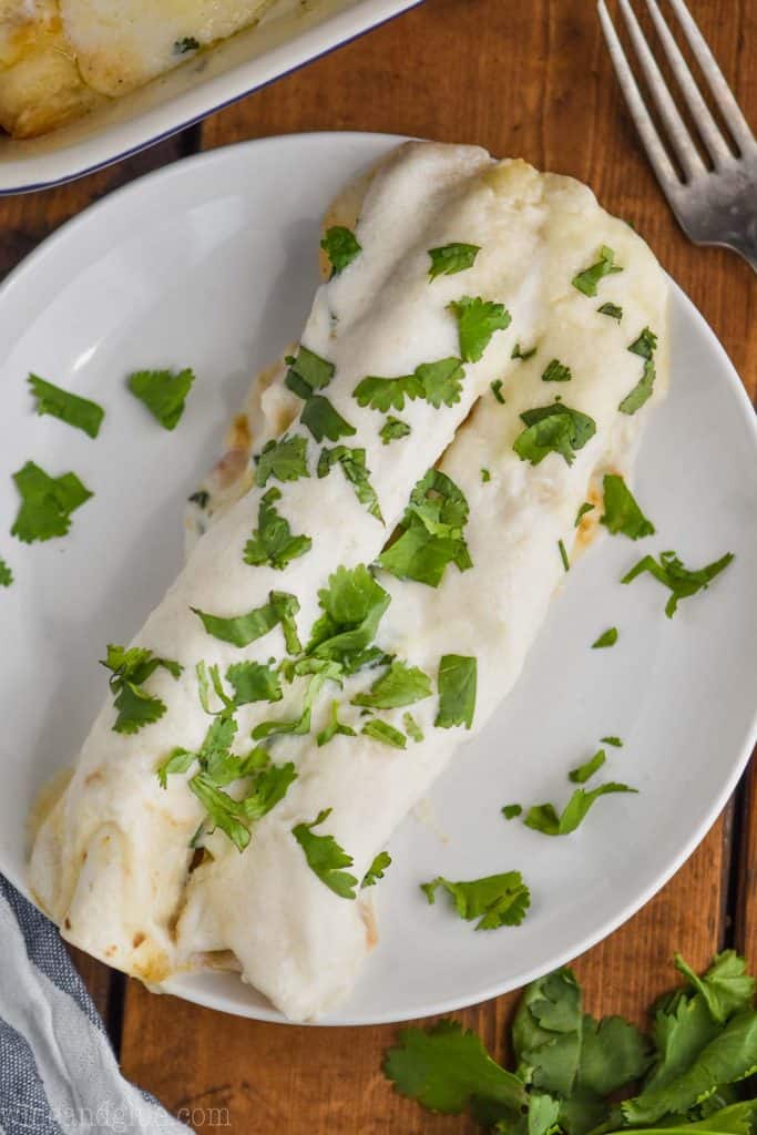 two chicken enchiladas with white sauce on a white circle plate garnished with cilantro