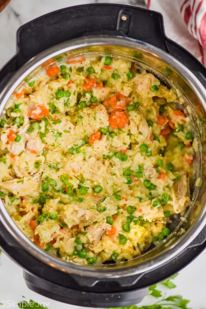 overhead of instant pot chicken and rice recipe in an instant pot