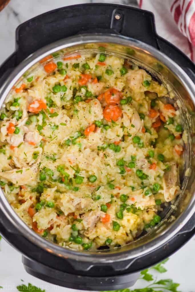 overhead view close up of cream chicken and rice inside an instant pot