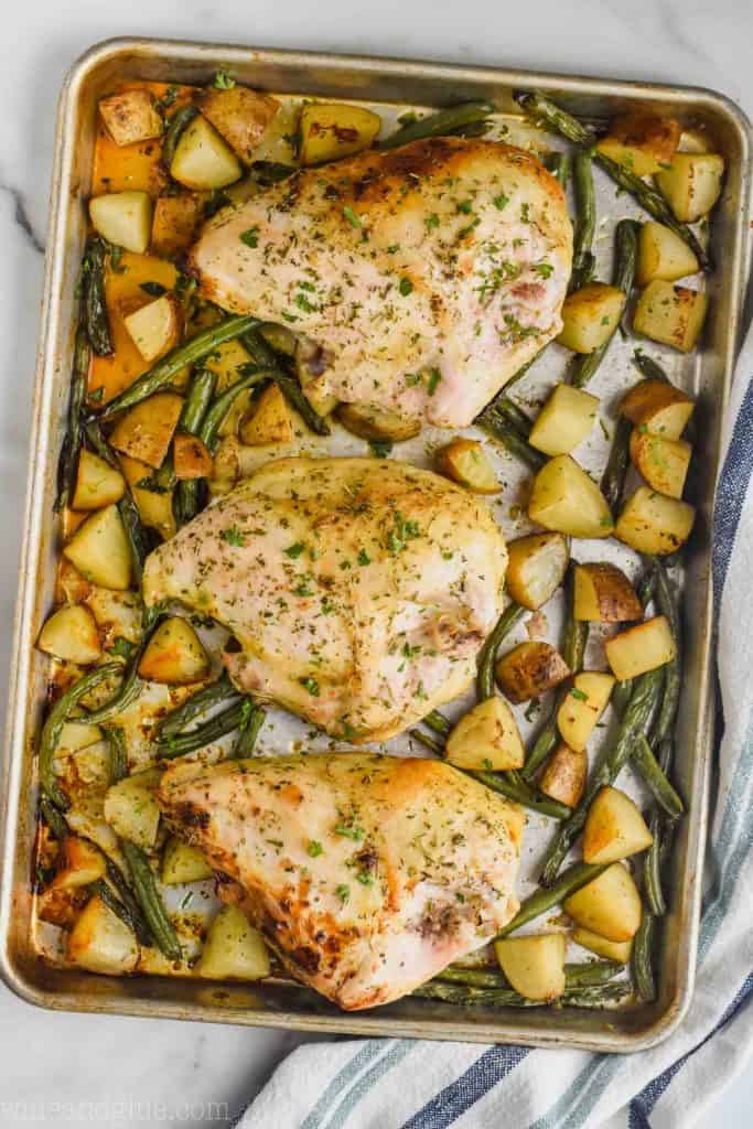sheet pan chicken recipe consisting of three bone in chicken breasts (nice and browned skin) on a bed of cubed potatoes and green beans on a rimmed baking sheet on a white marble countertop 