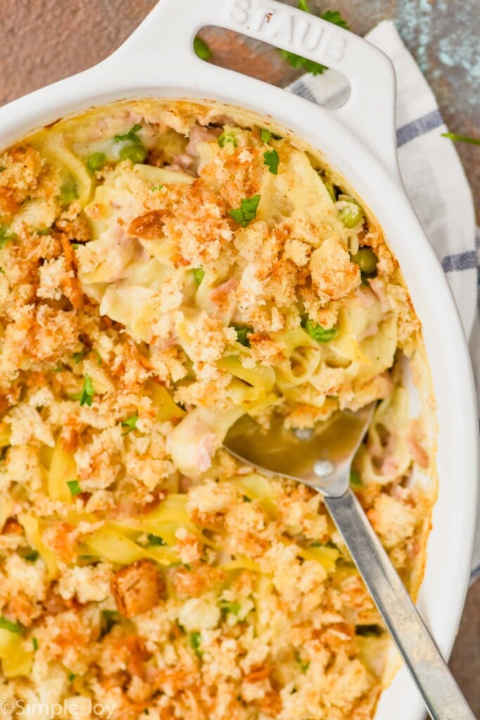 up close overhead view of a white casserole dish full of tuna noodle casserole recipe