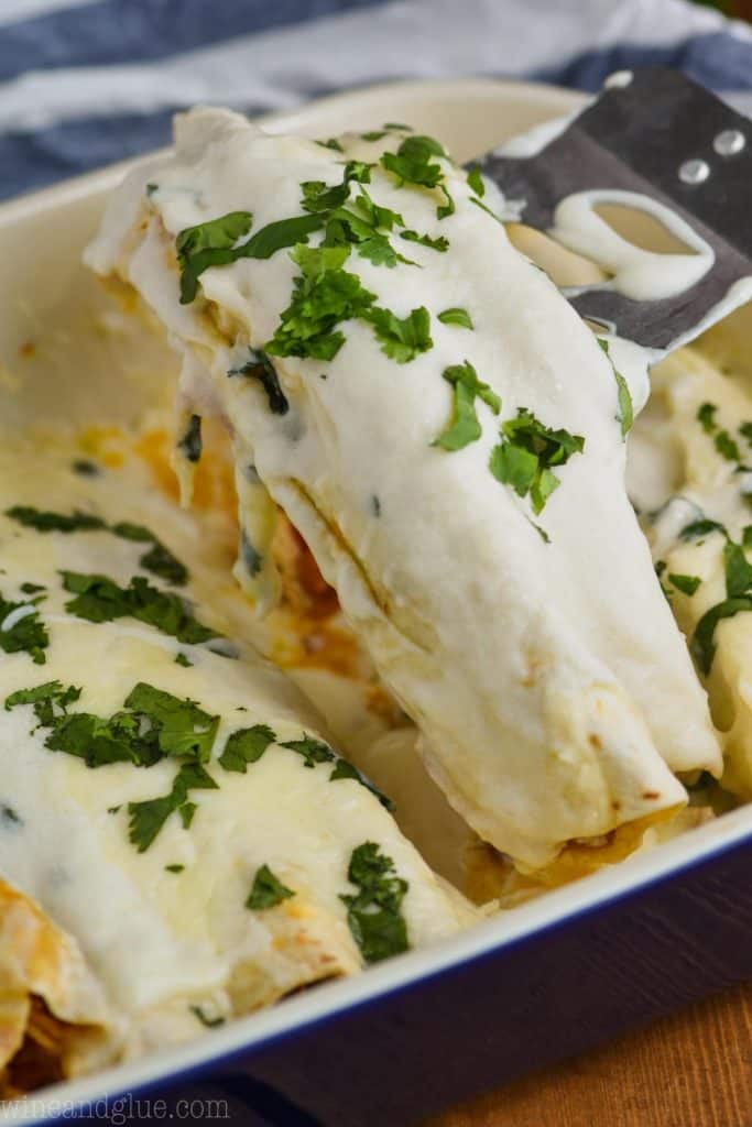 two chicken enchiladas with sour cream sauce being dished out of a casserole dish, garnished with cilantro