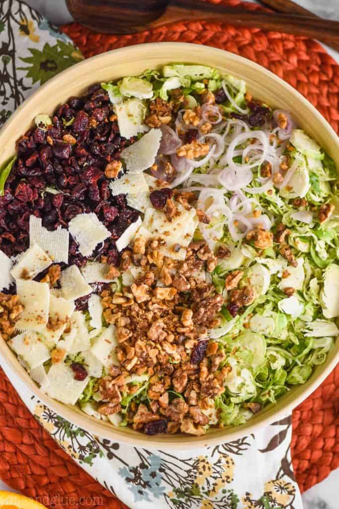 overhead view of brussels sprout salad divided by ingredients