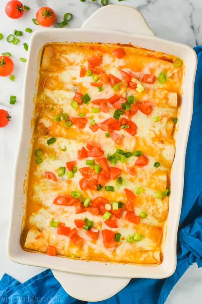 overhead view of white ceramic baking dish filled with buffalo chicken enchiladas that is garnished with green onions and chopped tomatoes