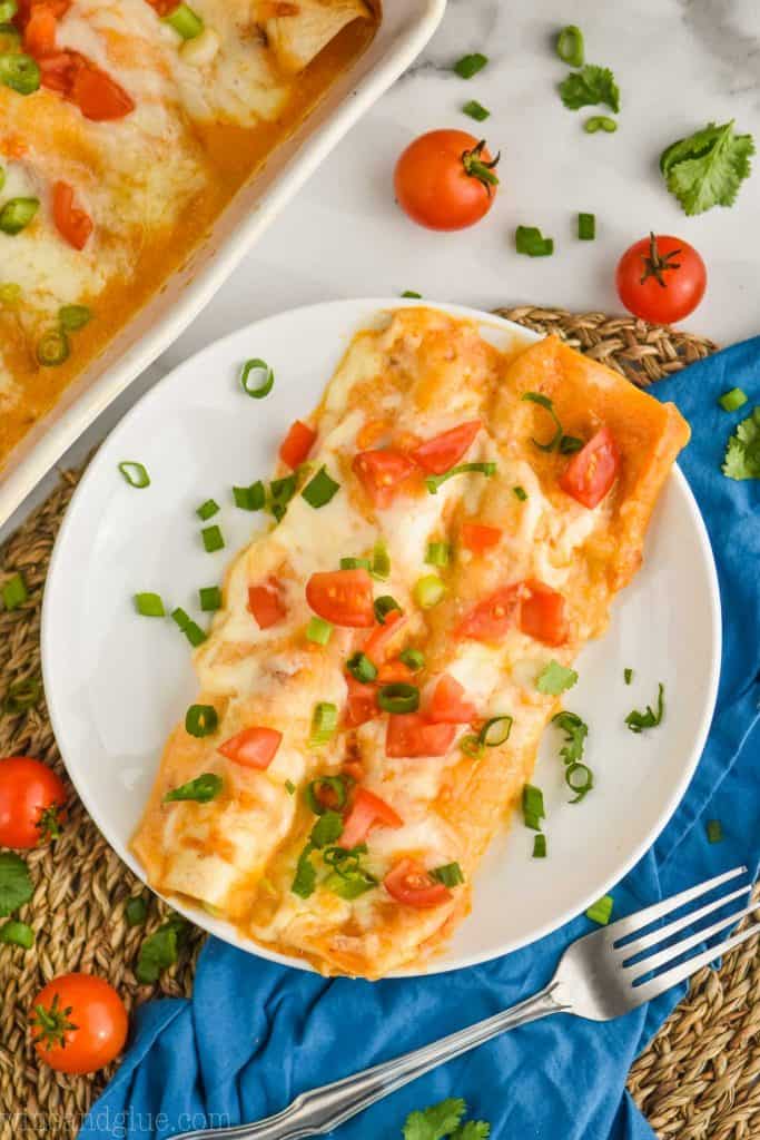 overhead view of two chicken enchiladas on a white plate garnished with green onions, tomatoes, and cilantro on a blue cloth napkin on a straw placemat