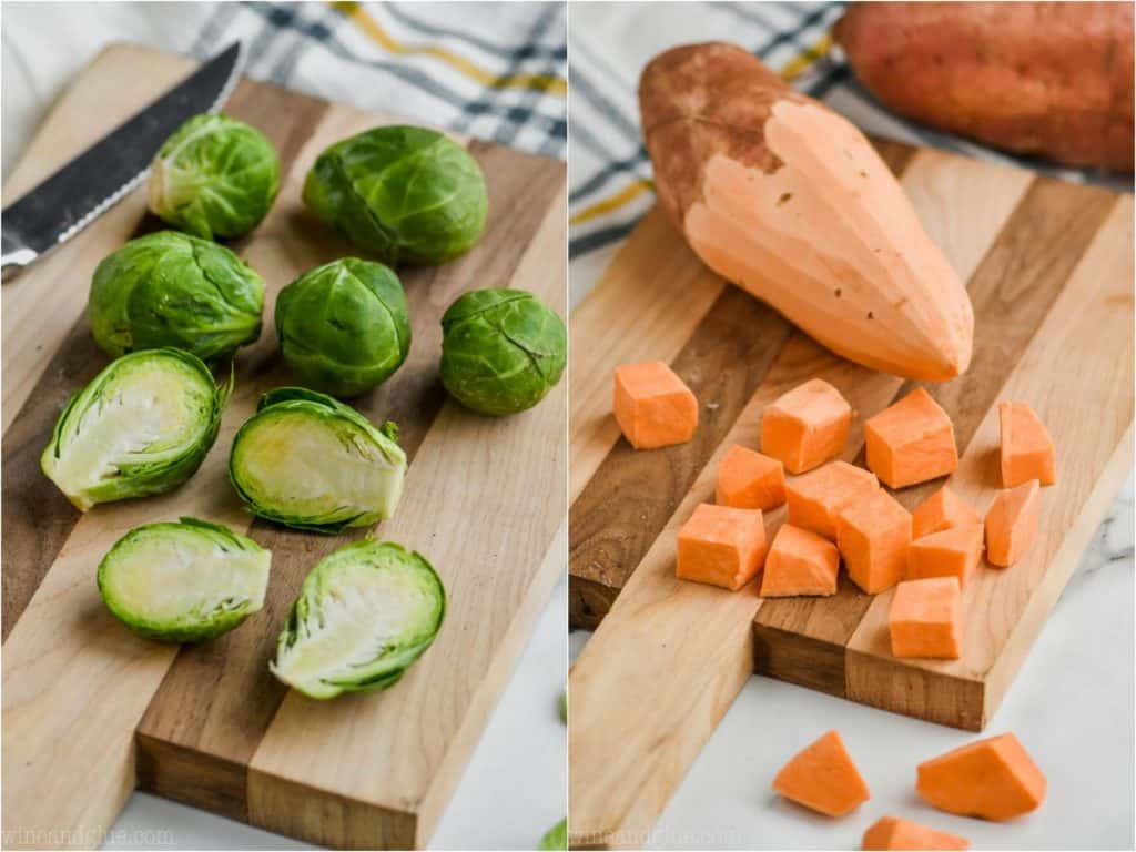 collage photo of chopped raw brussels sprouts on one side and cubed sweet potatoes in the other