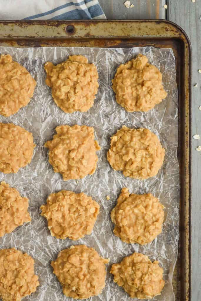 overhead view of a dozen no bake cookies on crinkled wax paper on top of an old baking tray and that on a wooden surface