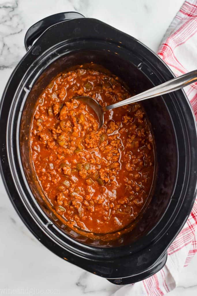 overhead view of sloppy joe mix in a crockpot