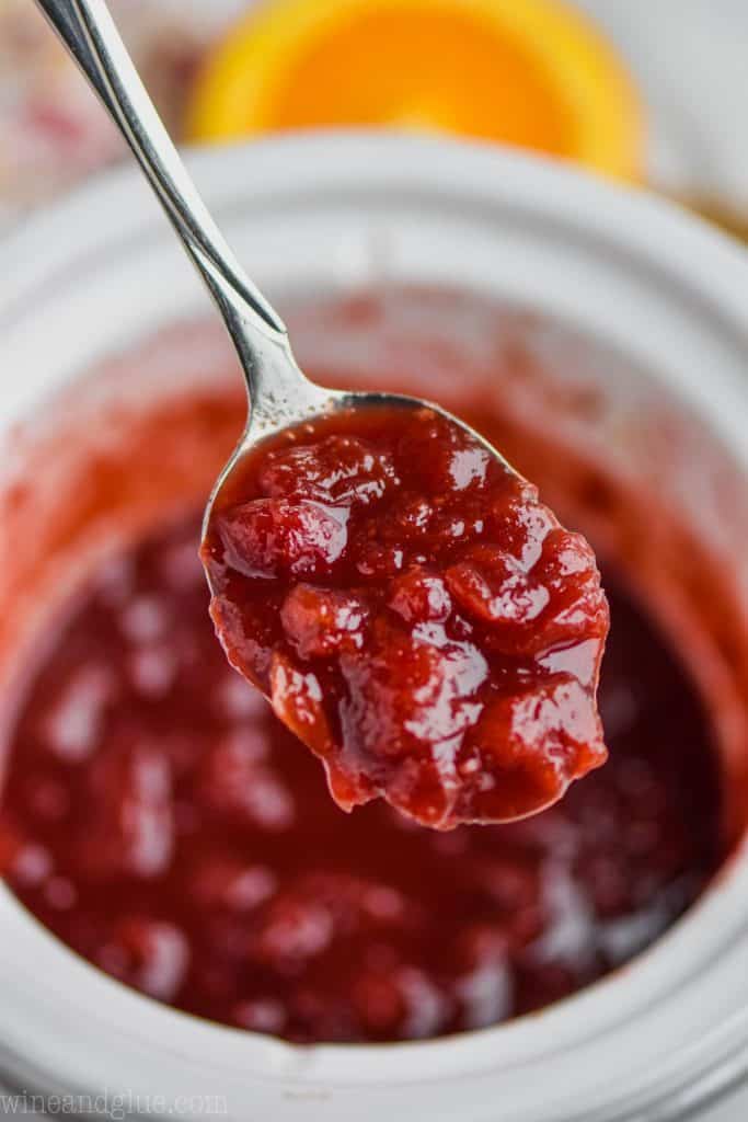 close up of cranberry orange sauce on a spoon