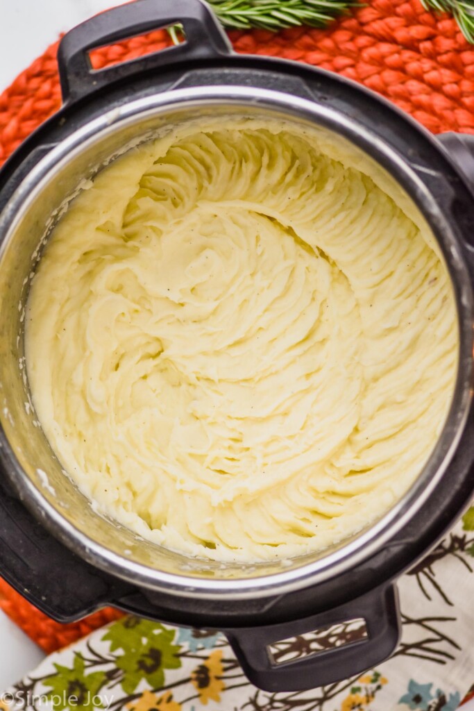 overhead picture of pressure cooker mashed potatoes blended up in the base of an instant pot