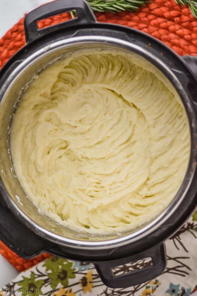 overhead picture of pressure cooker mashed potatoes blended up in the base of an instant pot