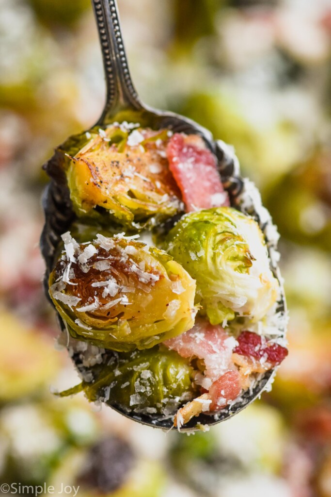 antique spoon holding oven roasted brussels sprouts with bacon