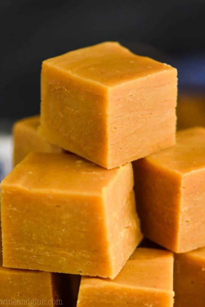 a close up of a square of microwave peanut butter fudge