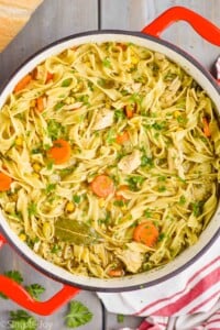 overhead view of a red handled stock pot full of turkey noodle soup - long noodles, pieces of turkey, a bay leaf, carrots, and corn are visible