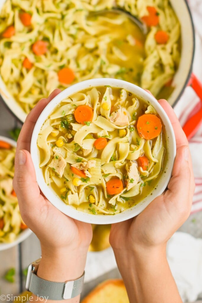 two hands holding a bowl of turkey noodle soup made from thanksgiving leftovers over the larger pot of soup