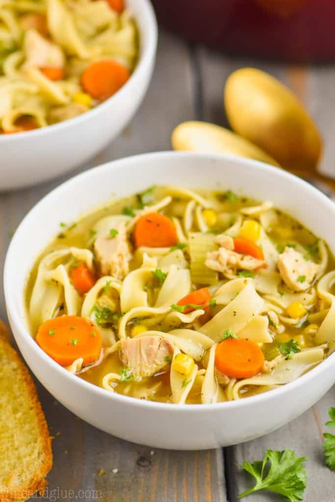 close up of a white bowl full of turkey noodle soup recipe with slices of carrot, pieces of turkey, and long egg noodles visible