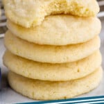 pinterest graphic of a stack of five sugar cookies with a bite missing out of the top one, says: sugar cookies simplejoy.com